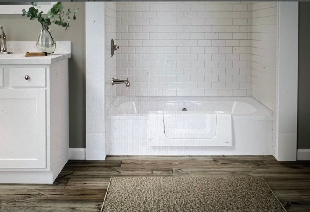 CleanCut Step fitted into the side of a white bathtub in a remodeled bathroom